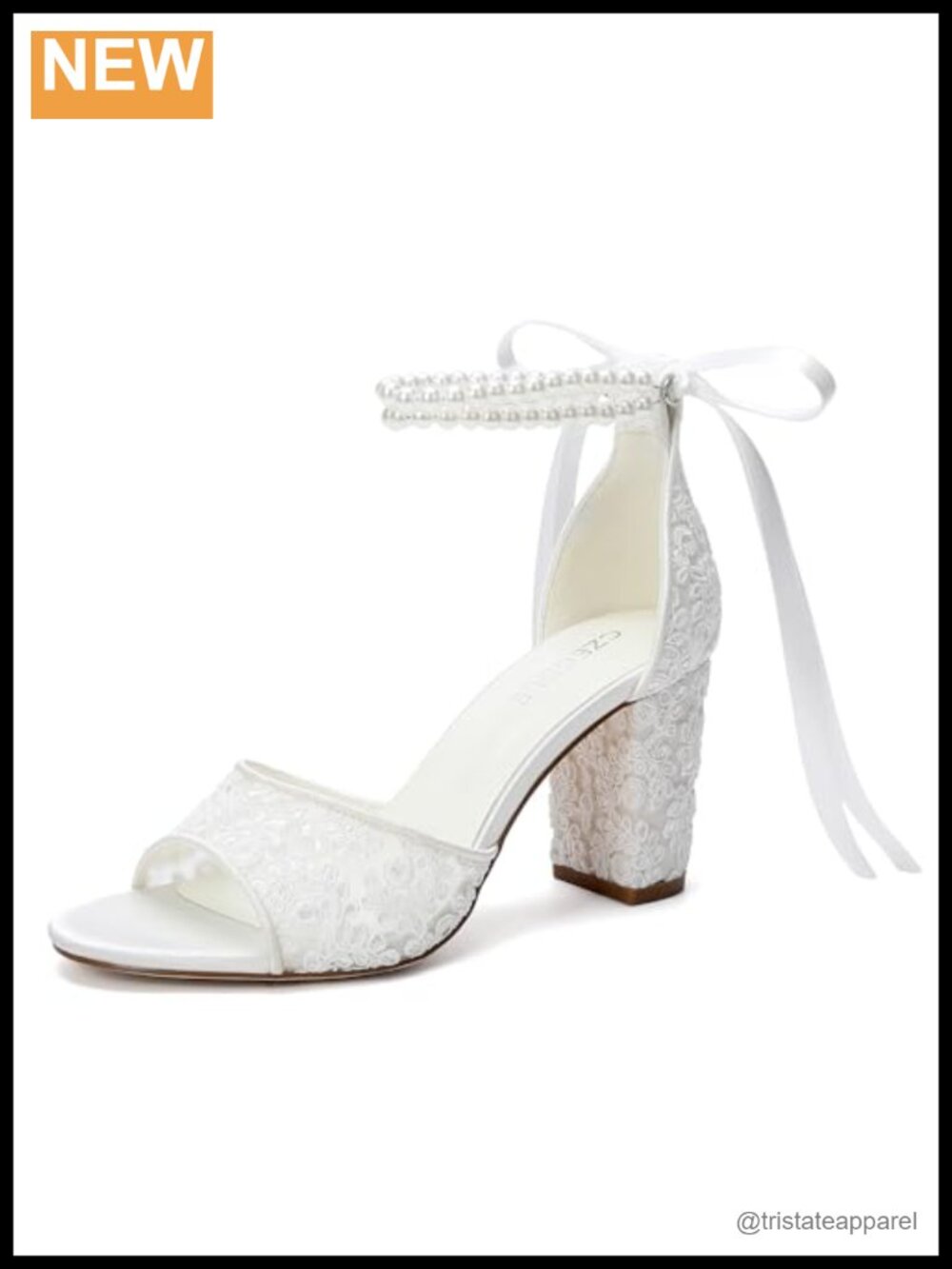 Lace Wedding Sandals Pearl Ankle Strap Block Heel Ribbon Tie Bridal